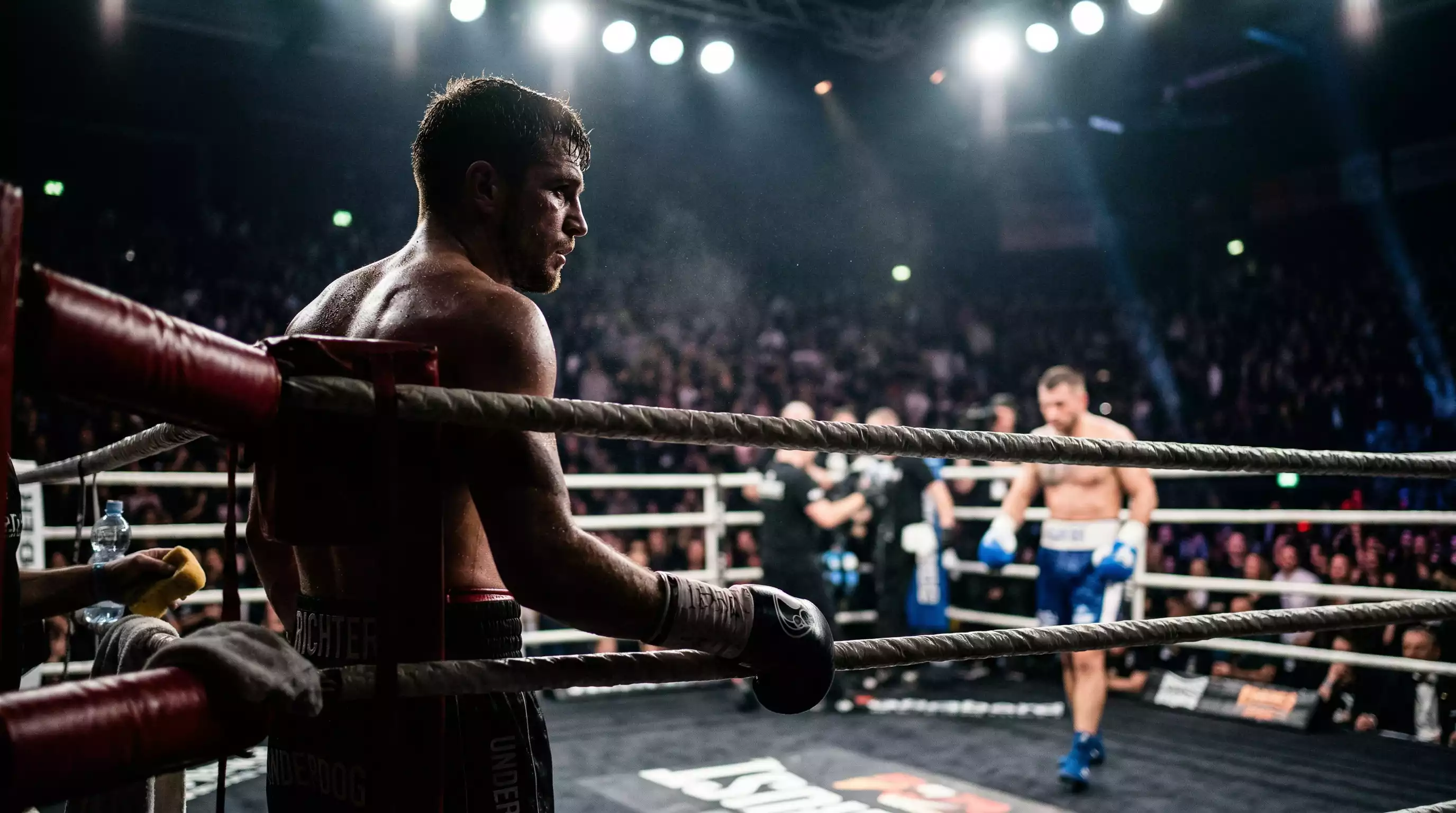 Boxer in der Ringecke blickt entschlossen auf seinen favorisierten Gegner