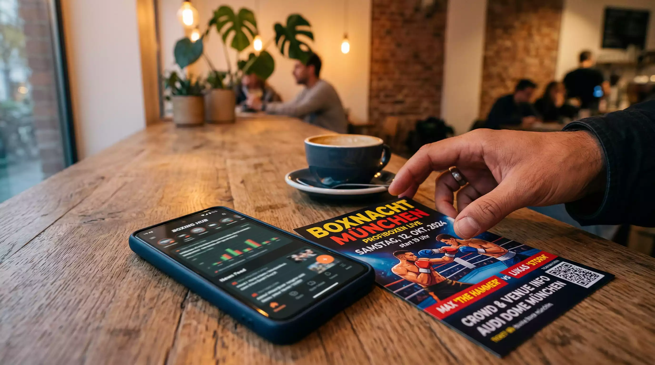 Smartphone zeigt Boxwetten neben einem Boxkampf-Plakat auf einem Tisch
