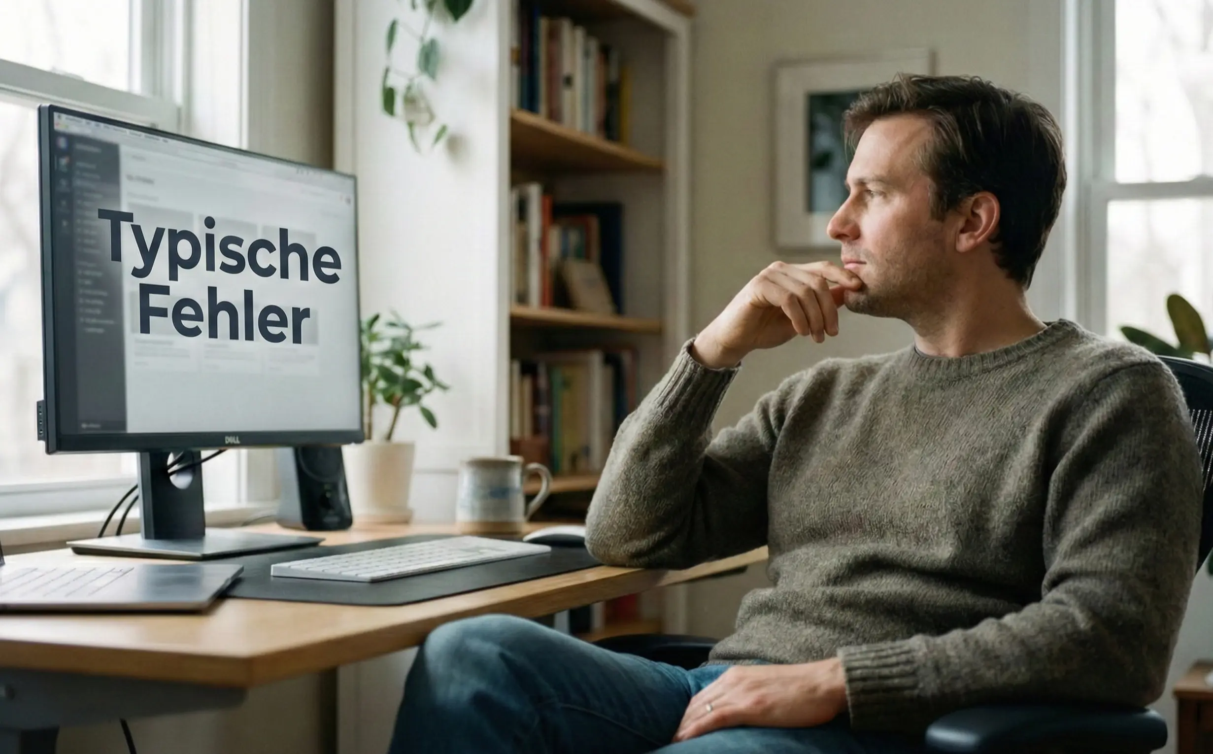 Person h&auml;lt inne und denkt nach vor Bildschirm