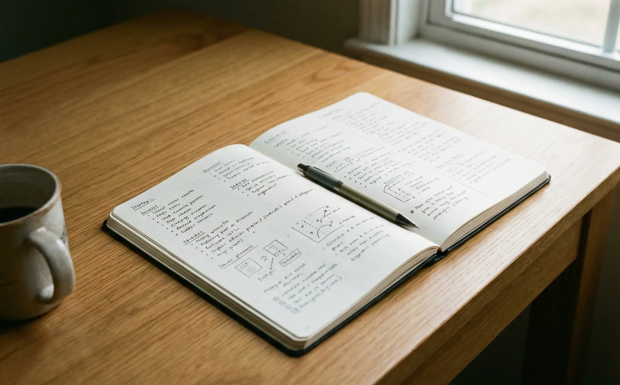 Notizbuch mit Analysen und Stift auf Schreibtisch