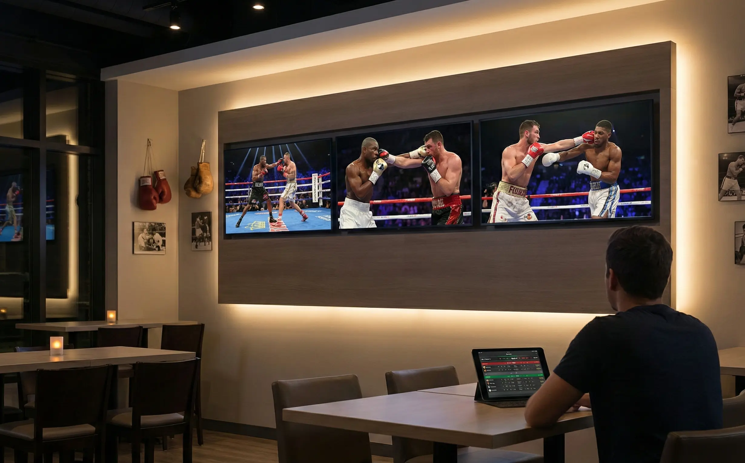 Mehrere Boxkämpfe auf Bildschirmen nebeneinander