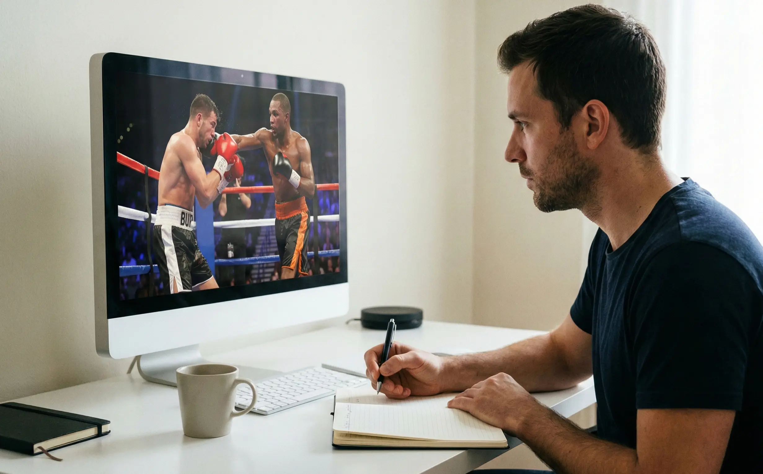 Konzentrierter Zuschauer analysiert Boxkampf auf Bildschirm