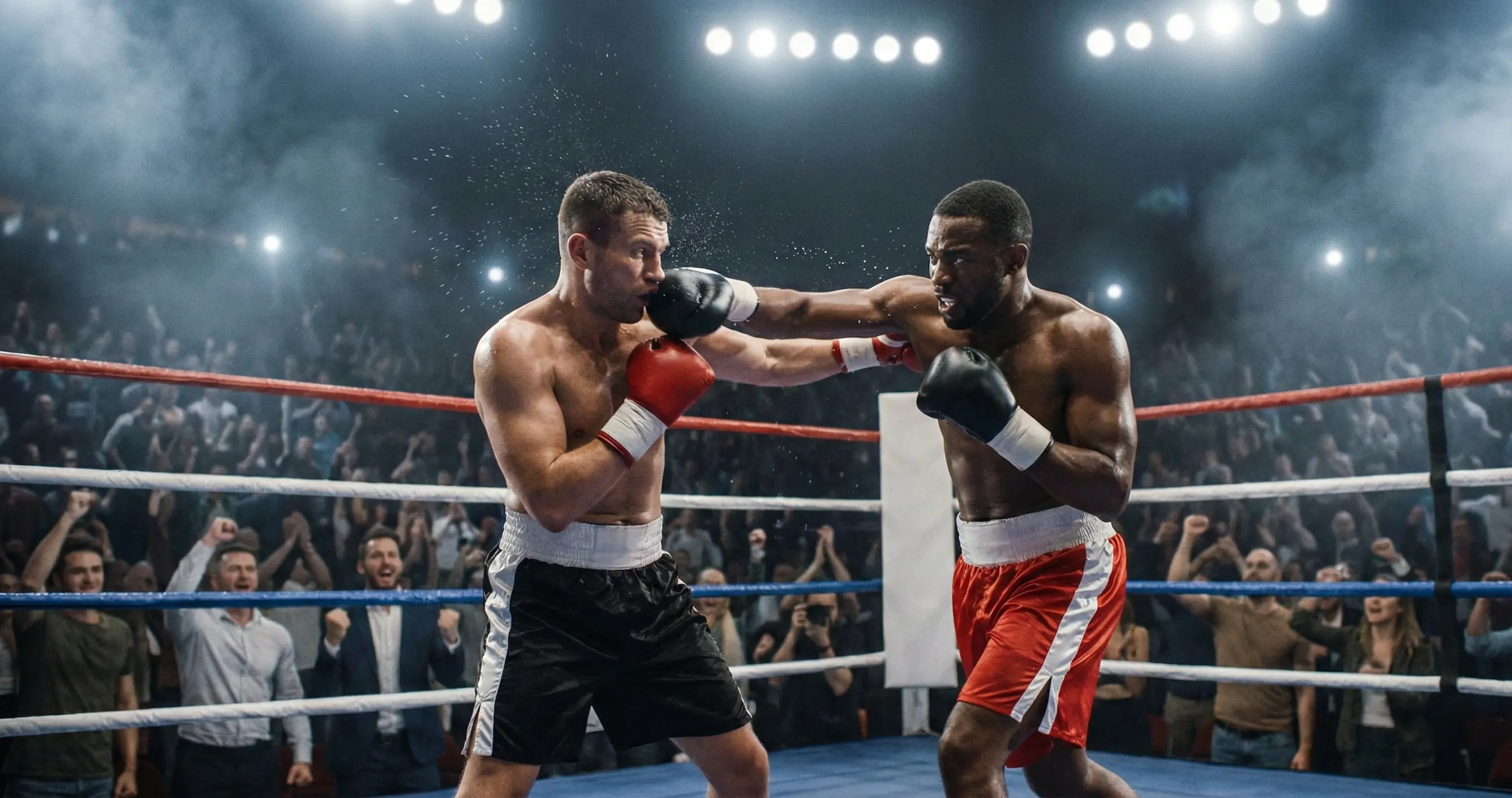 Spannender Boxkampf im Ring mit jubelndem Publikum