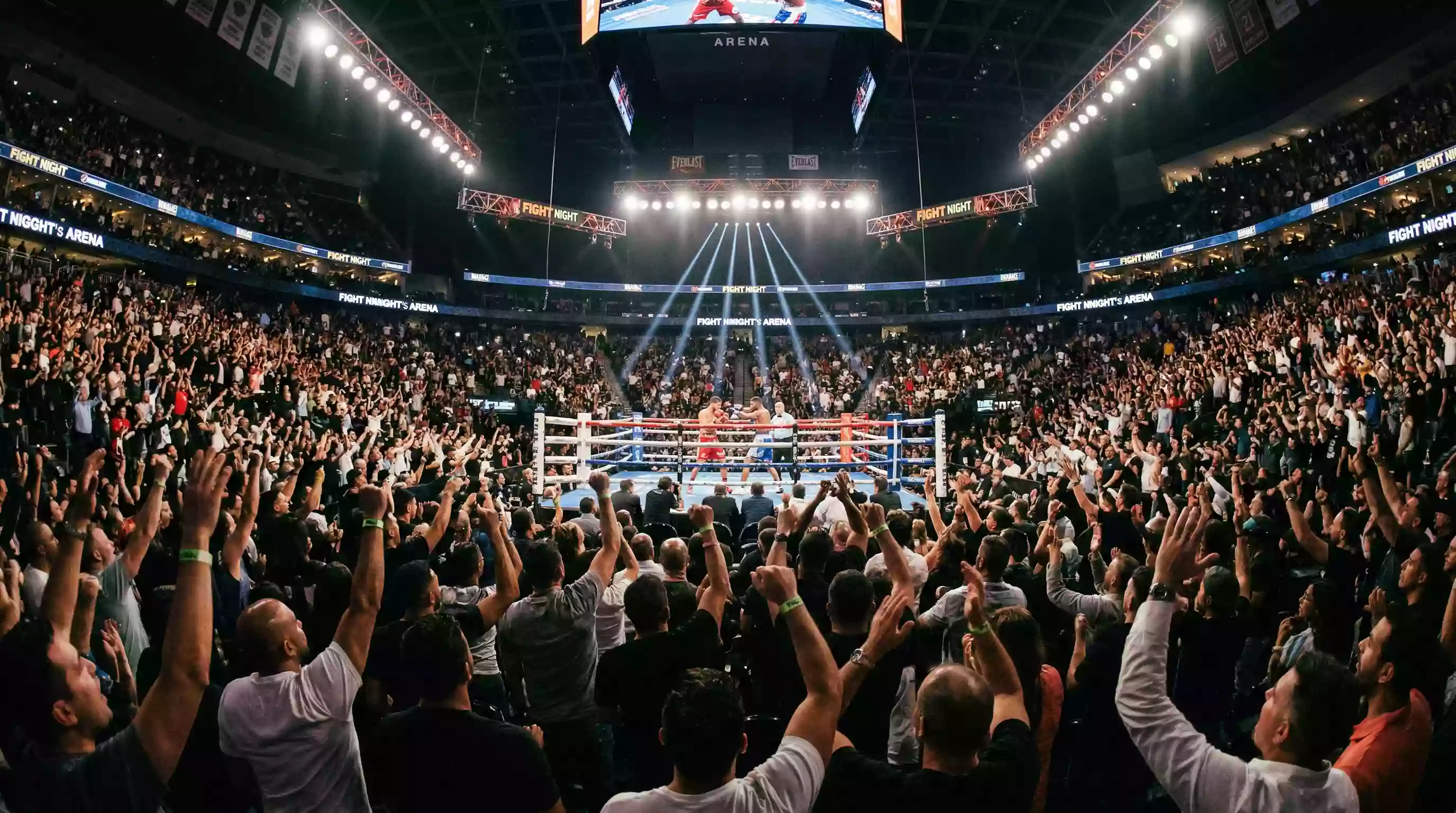 Publikum verfolgt einen spannenden Boxkampf live in einer großen Arena