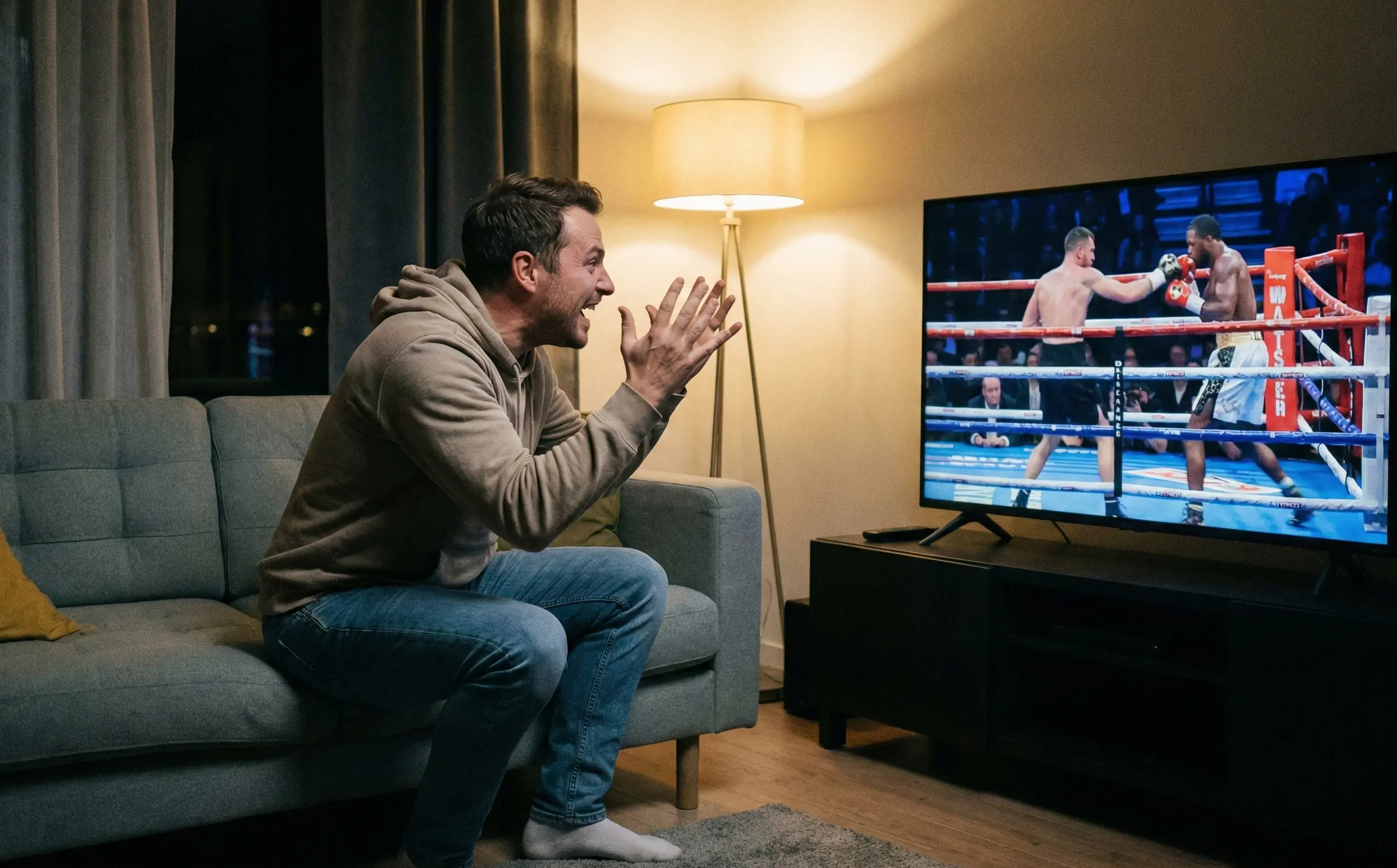 Mann reagiert begeistert auf Boxkampf-Übertragung