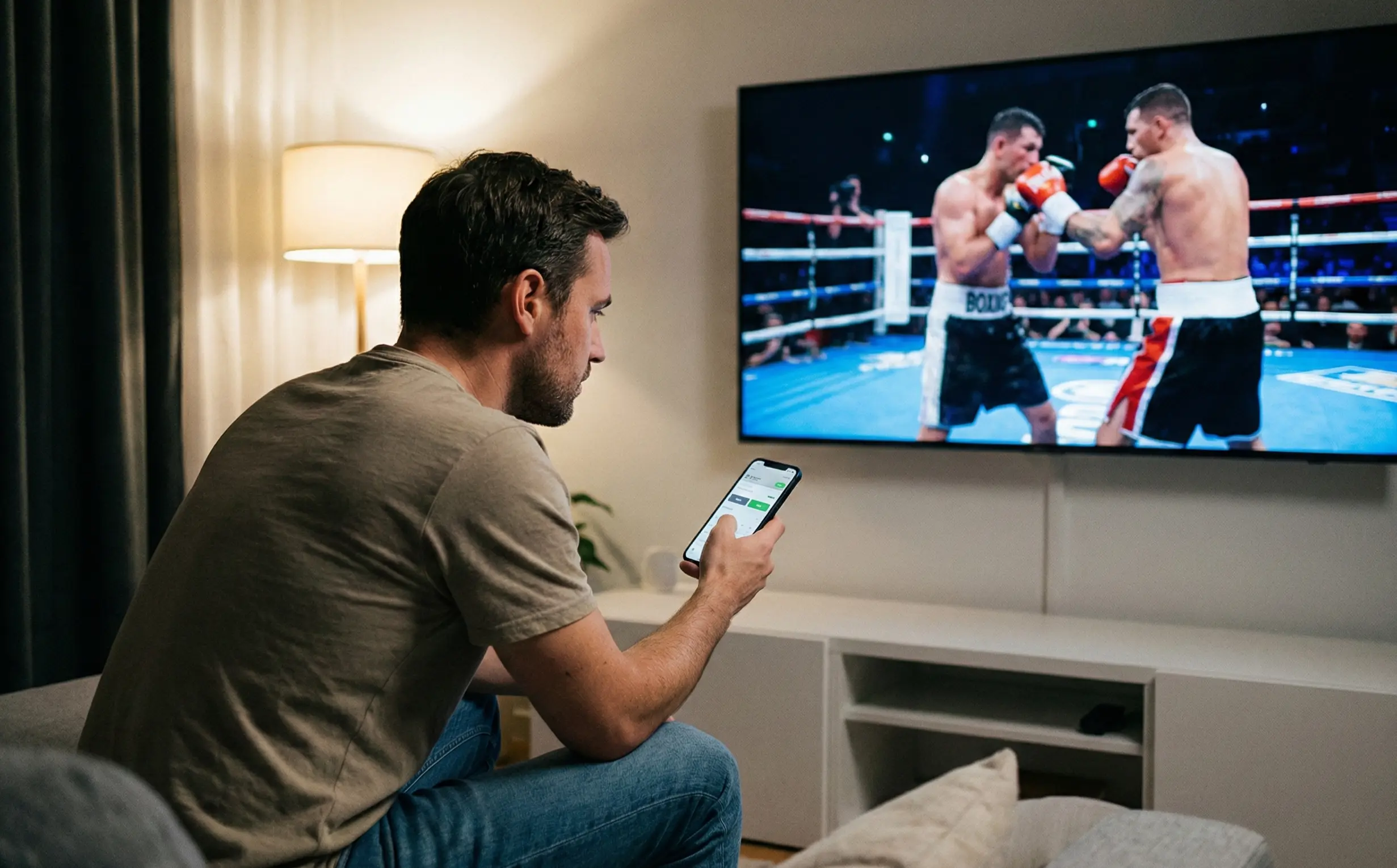 Mann verfolgt Boxkampf live auf Fernseher mit Smartphone