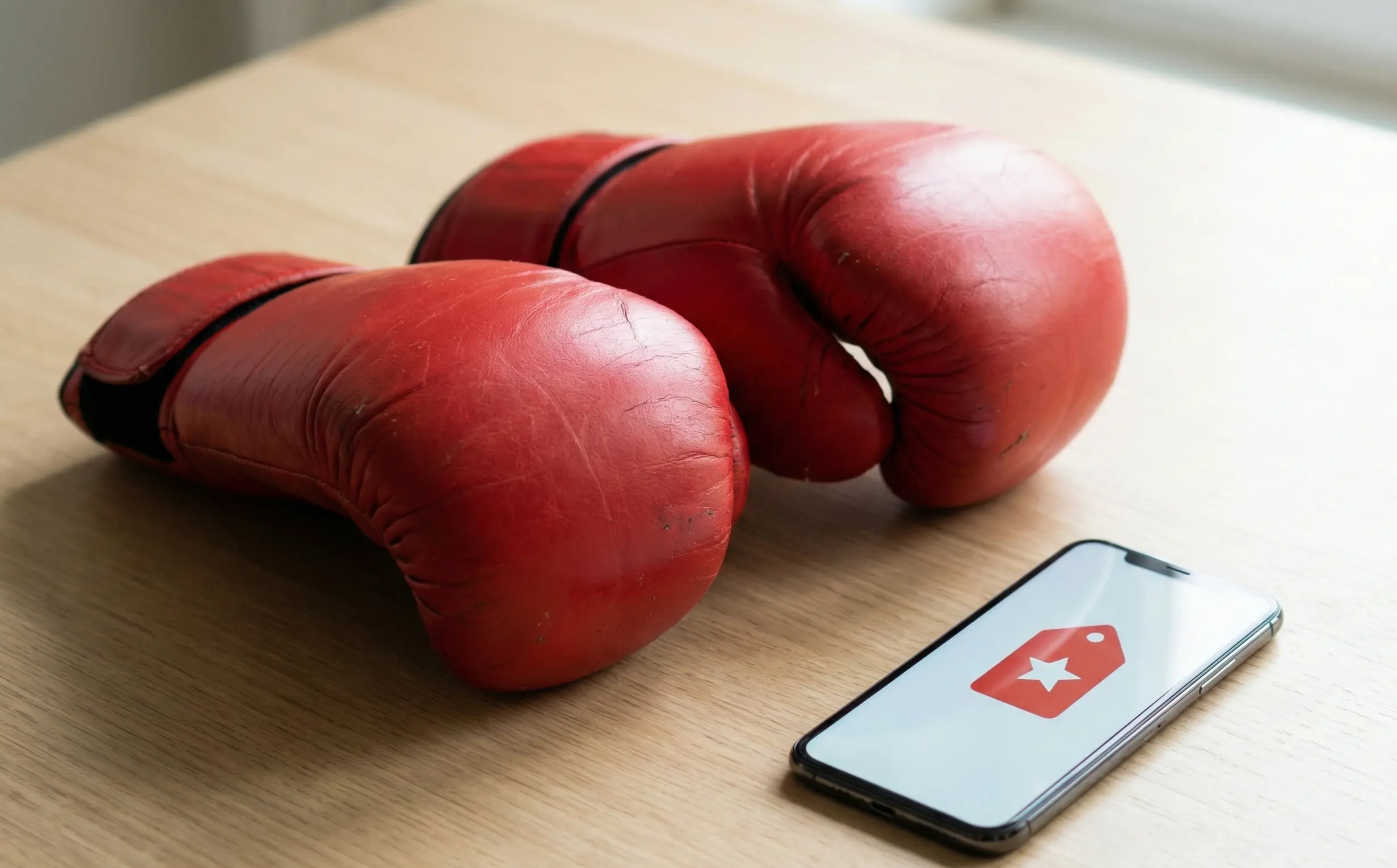 Boxhandschuhe neben Smartphone mit Sonderaktion