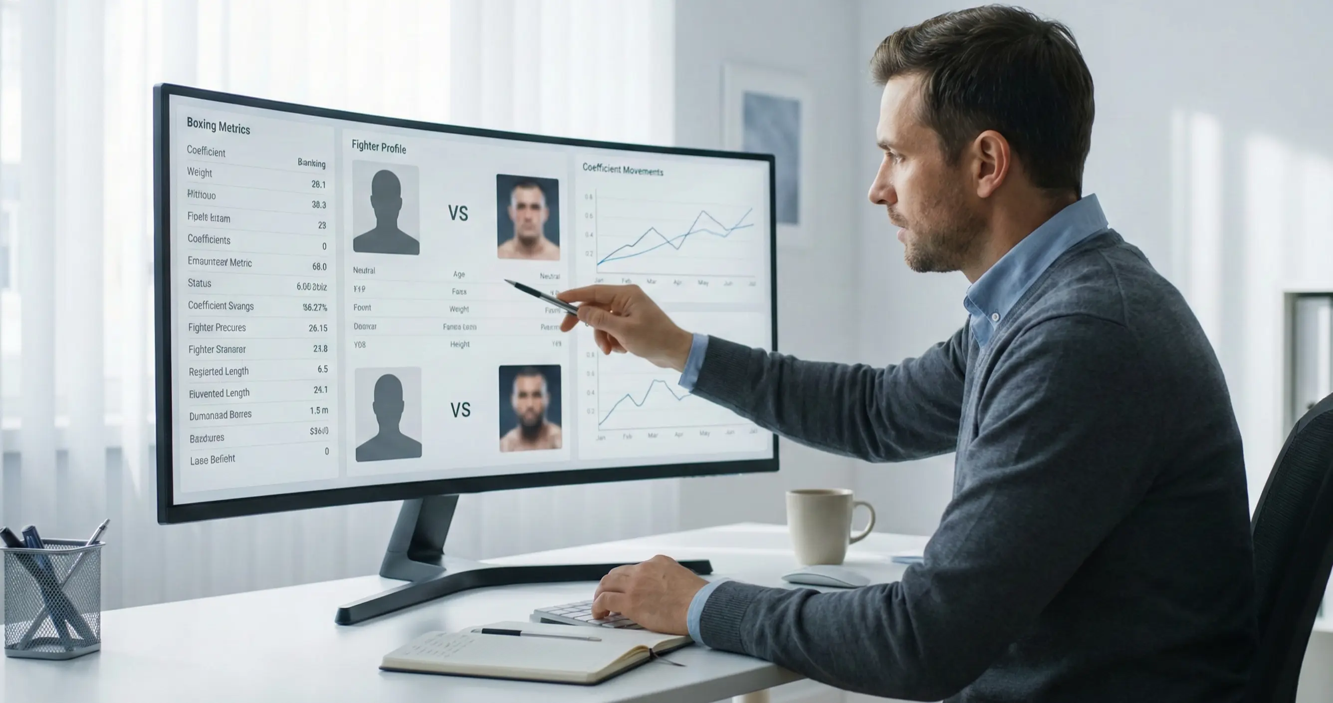 Analyst betrachtet Boxkampf-Statistiken auf einem Bildschirm