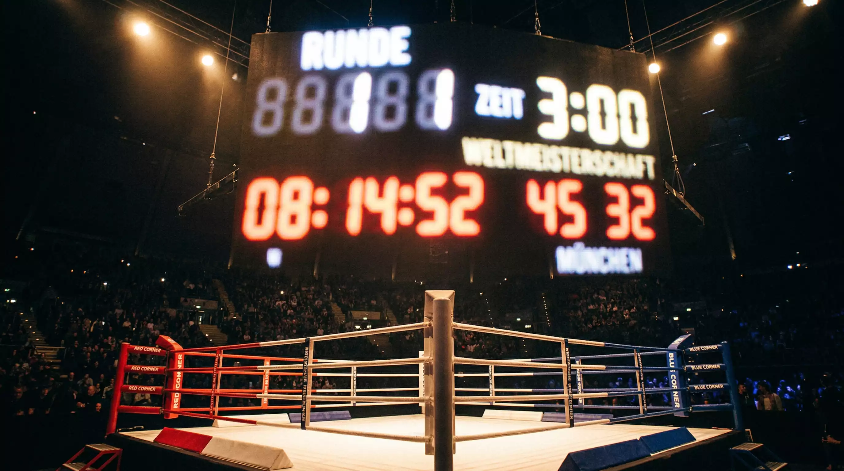 Großes Quotendisplay über einem Boxring vor einem Titelkampf