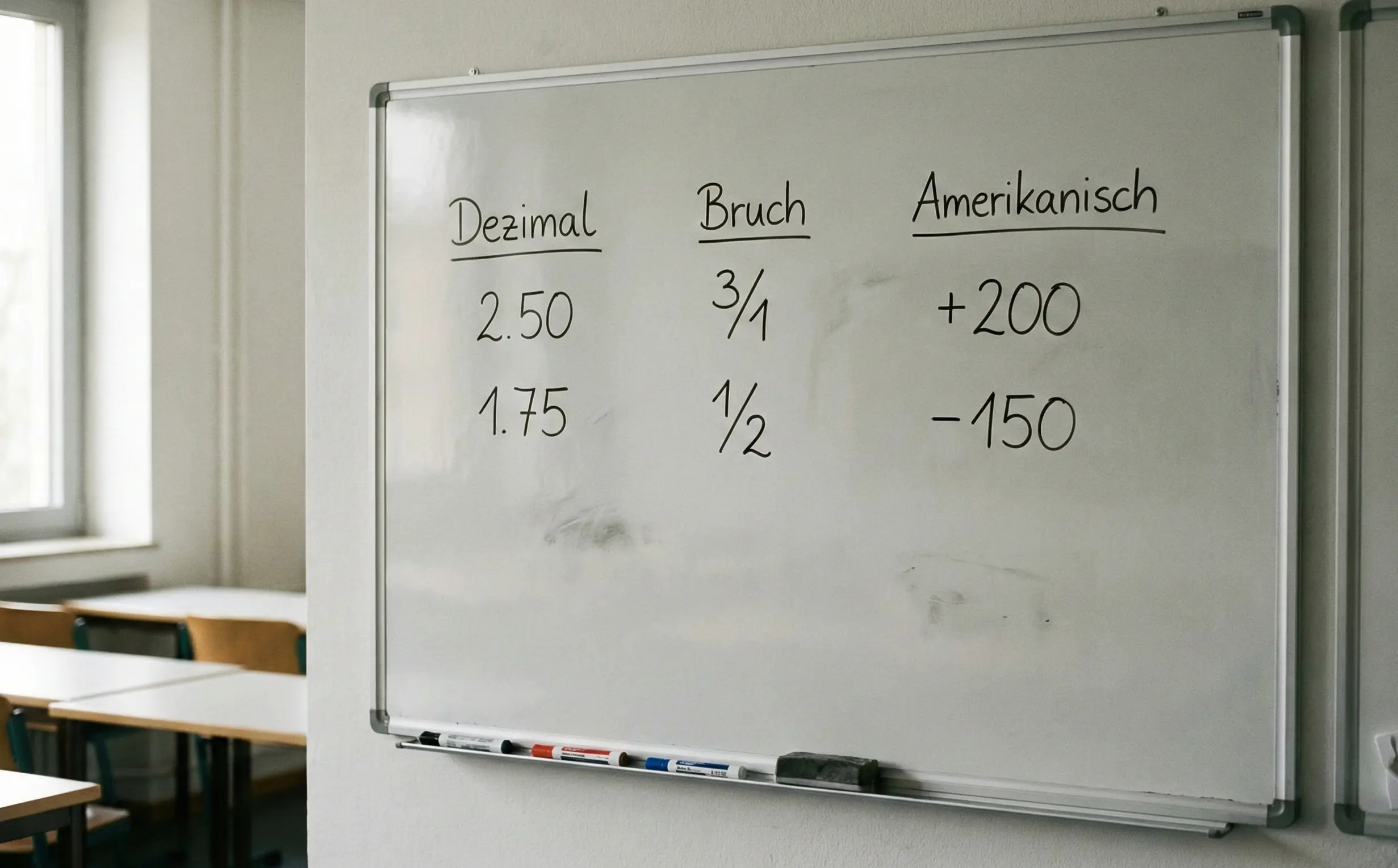 Tafel mit verschiedenen Quotenformaten in Dezimal und Bruch