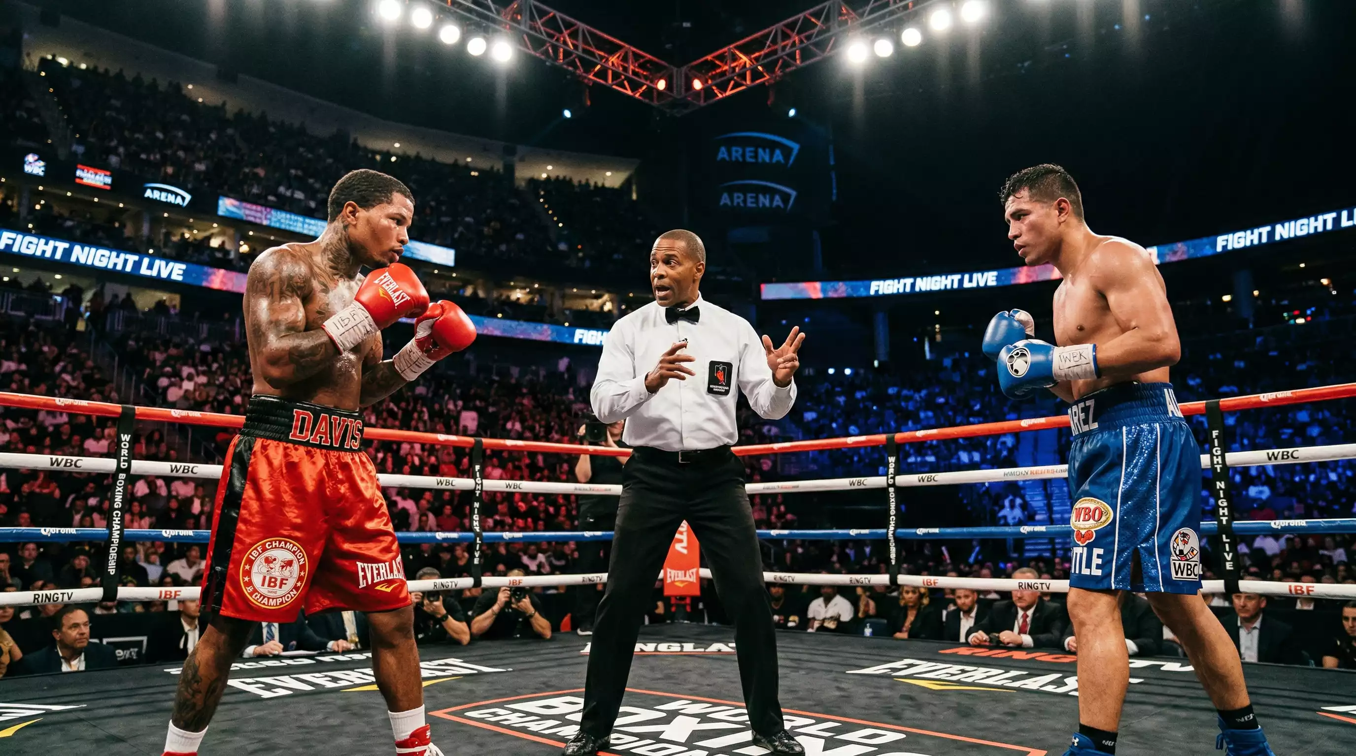 Boxring mit Ringrichter und zwei Boxern während eines Profikampfes
