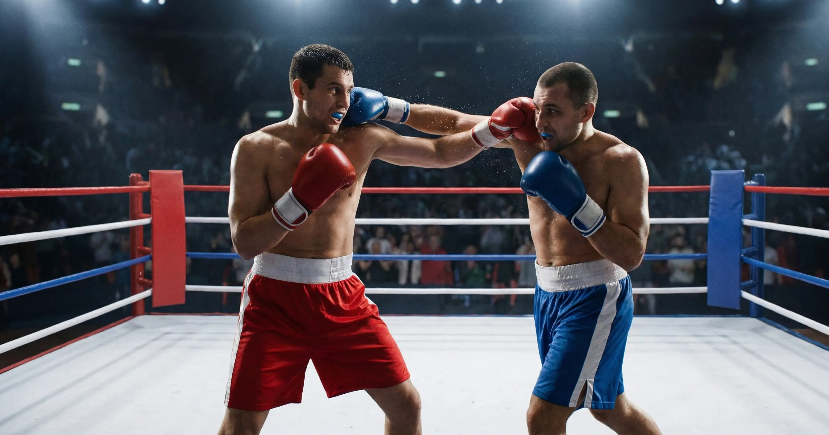 Zwei Boxer im Kampf auf dem Ring unter Scheinwerferlicht