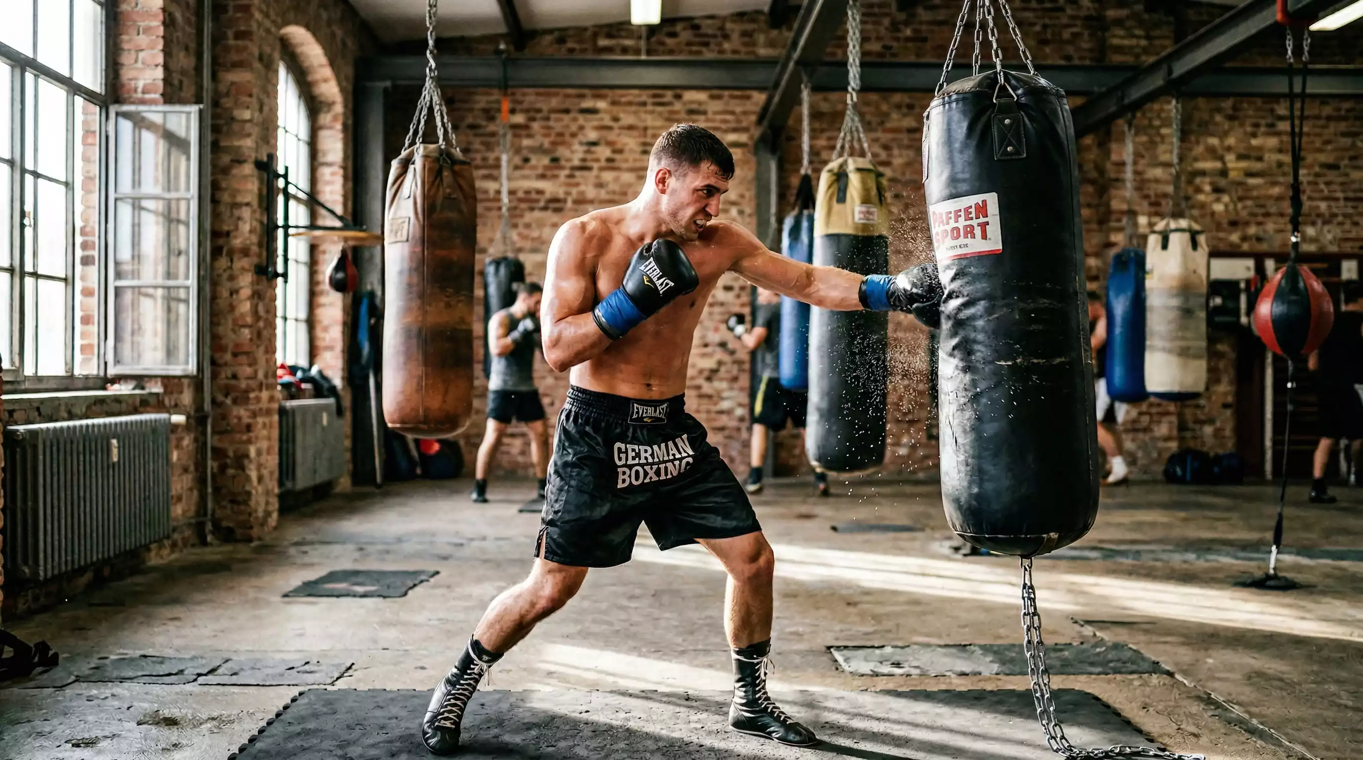 Boxer trainiert am Sandsack in einem professionellen Boxstudio