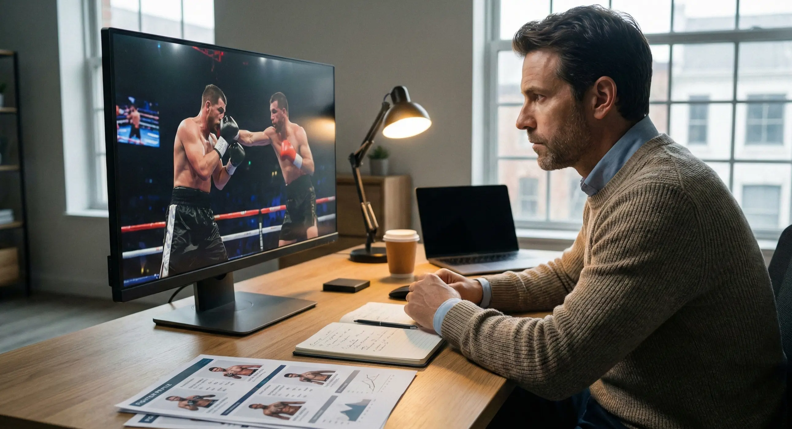 Sportanalyst studiert Boxerstatistiken und Kampfaufzeichnungen am Schreibtisch