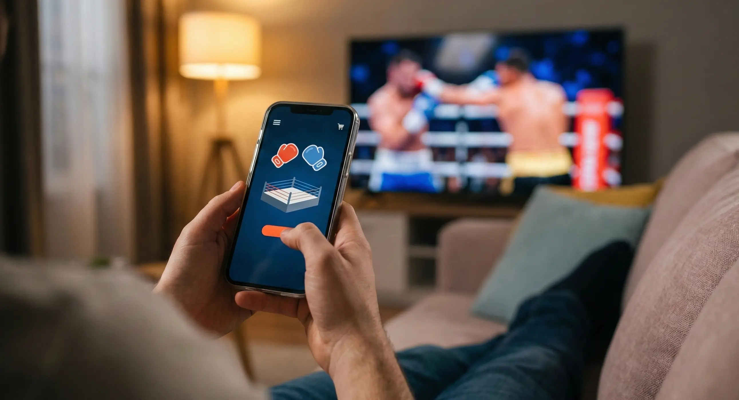 Person nutzt Smartphone für mobile Sportwetten mit Boxkampf im Hintergrund