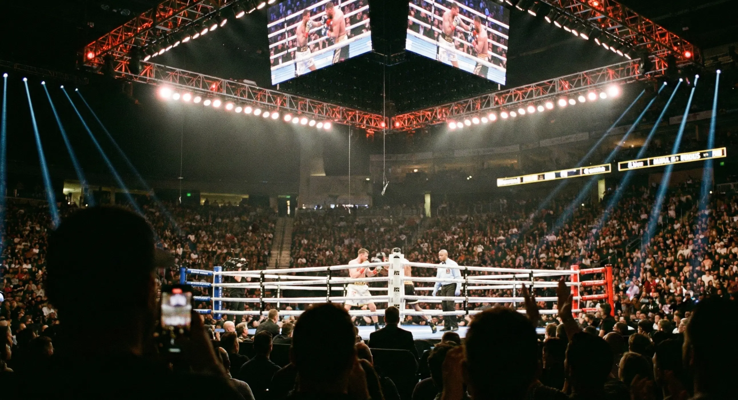 Zuschauer verfolgen gespannt einen Boxkampf in der Arena