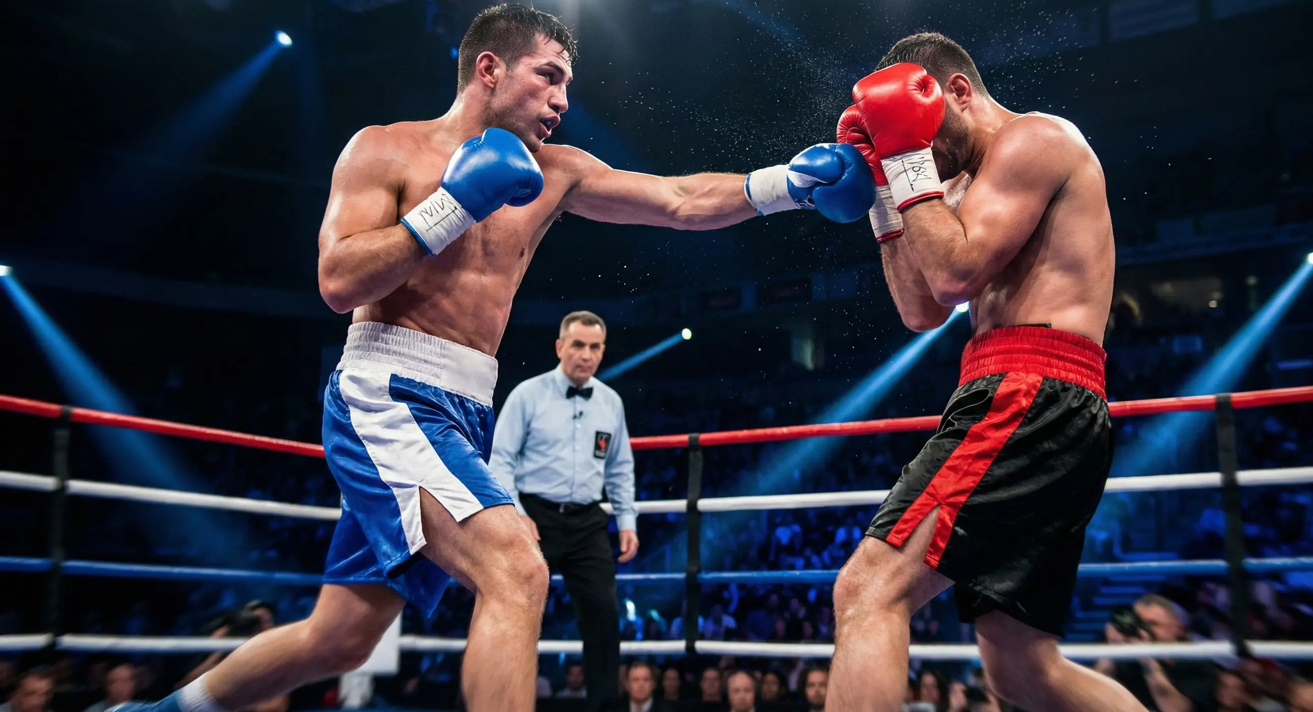 Zwei Boxer im intensiven Schlagabtausch während eines Profikampfes