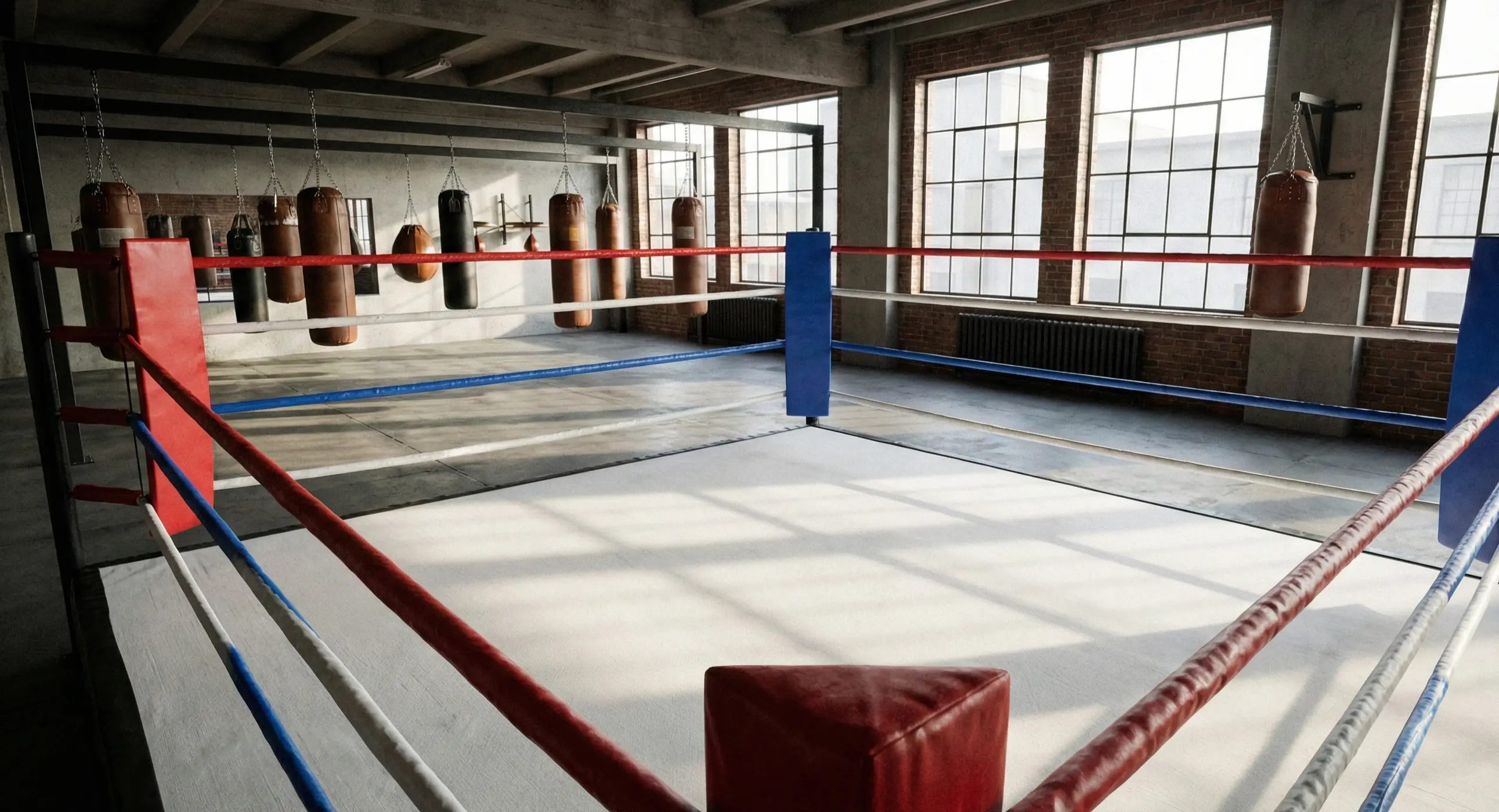 Professioneller Boxring mit Seilen und Beleuchtung in einer Trainingshalle