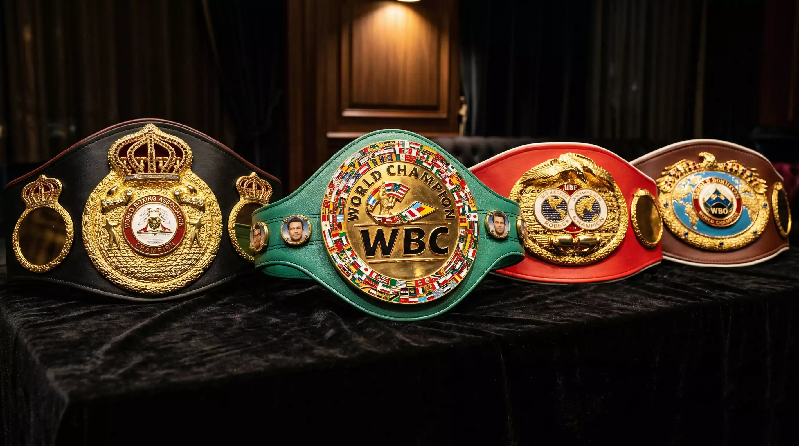 Boxring mit Weltmeistergürteln der vier großen Boxverbände