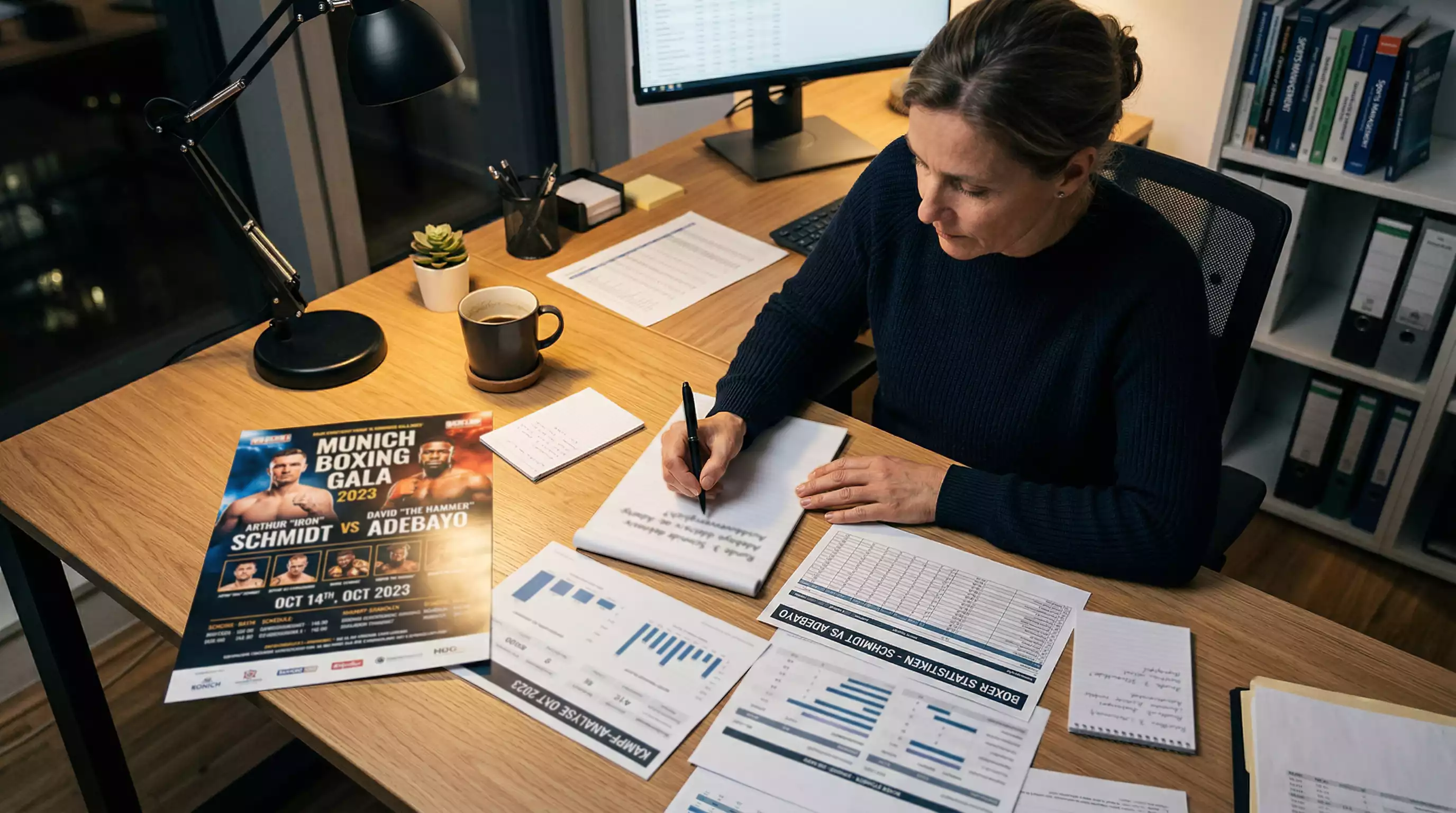 Arbeitsplatz mit Dokumenten und Notizen zur Analyse eines Boxkampfes