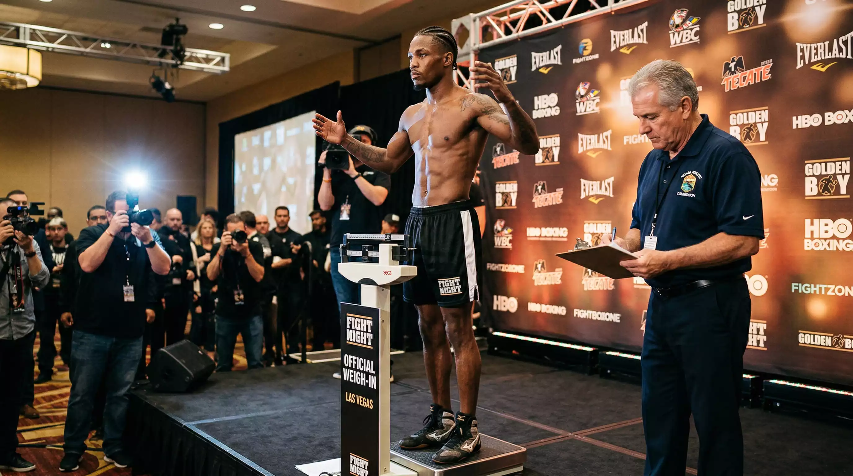 Boxer beim Wiegen vor einem Profiboxkampf auf der Waage
