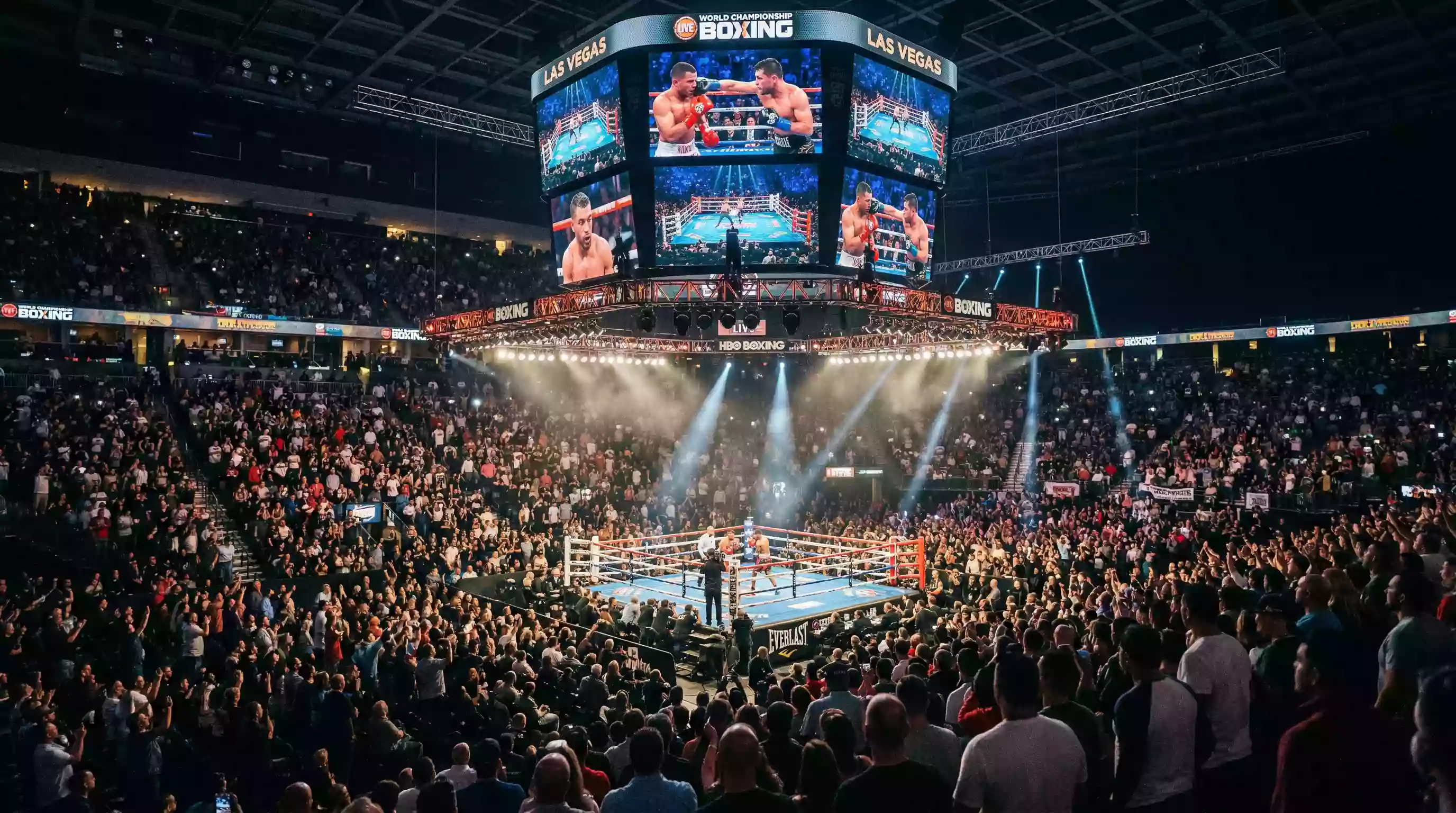 Mehrere Boxkämpfe gleichzeitig auf einem großen Bildschirm in einer Arena