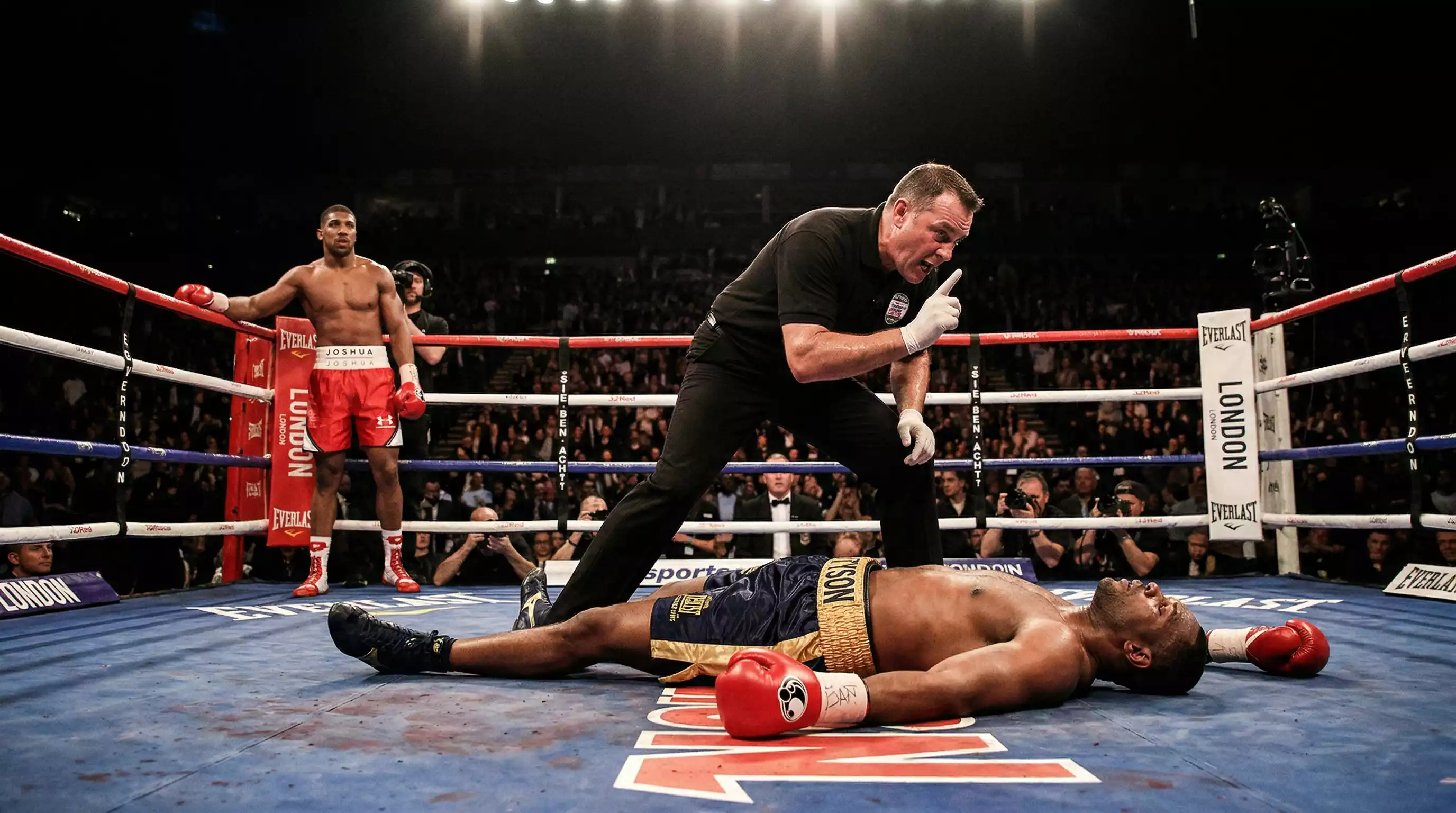 Boxer gewinnt durch Knockout, Gegner liegt am Boden des Boxrings