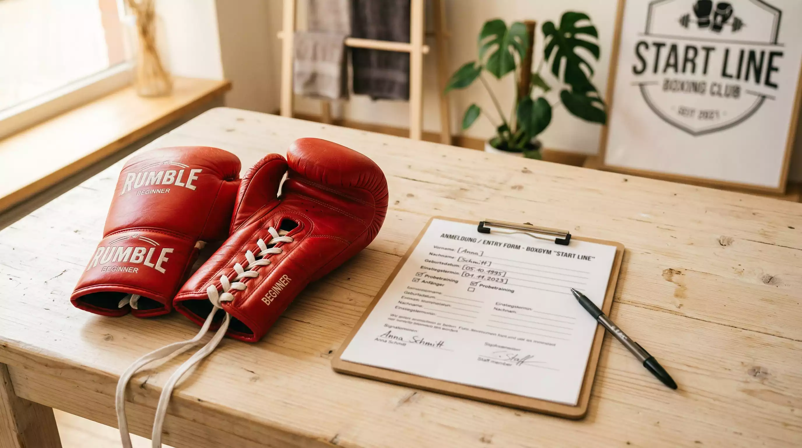 Boxhandschuhe liegen auf einem Tisch neben einem Anmeldeformular