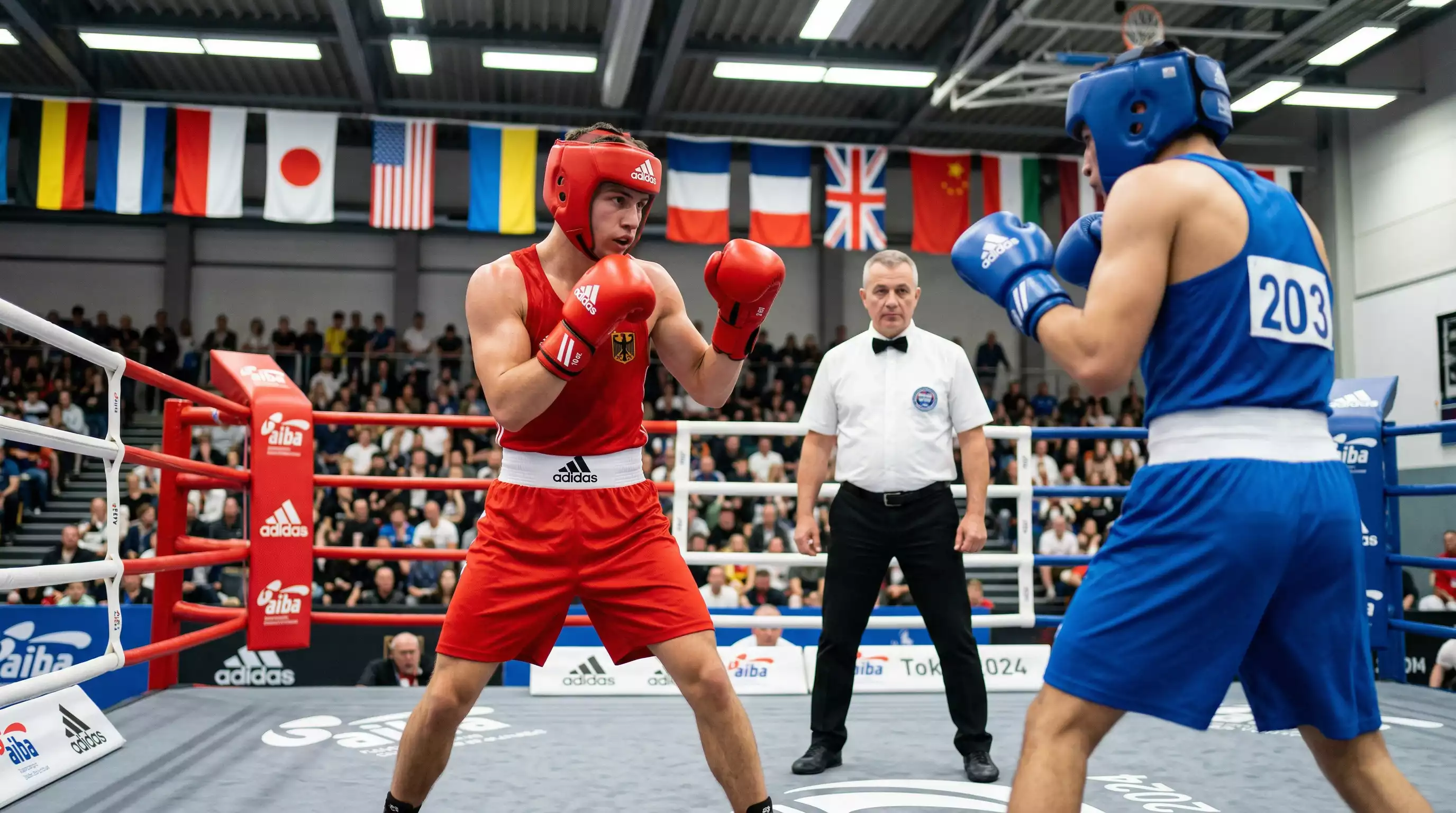 Amateurboxer mit Kopfschutz und rotem Trikot kämpft bei einem Turnier