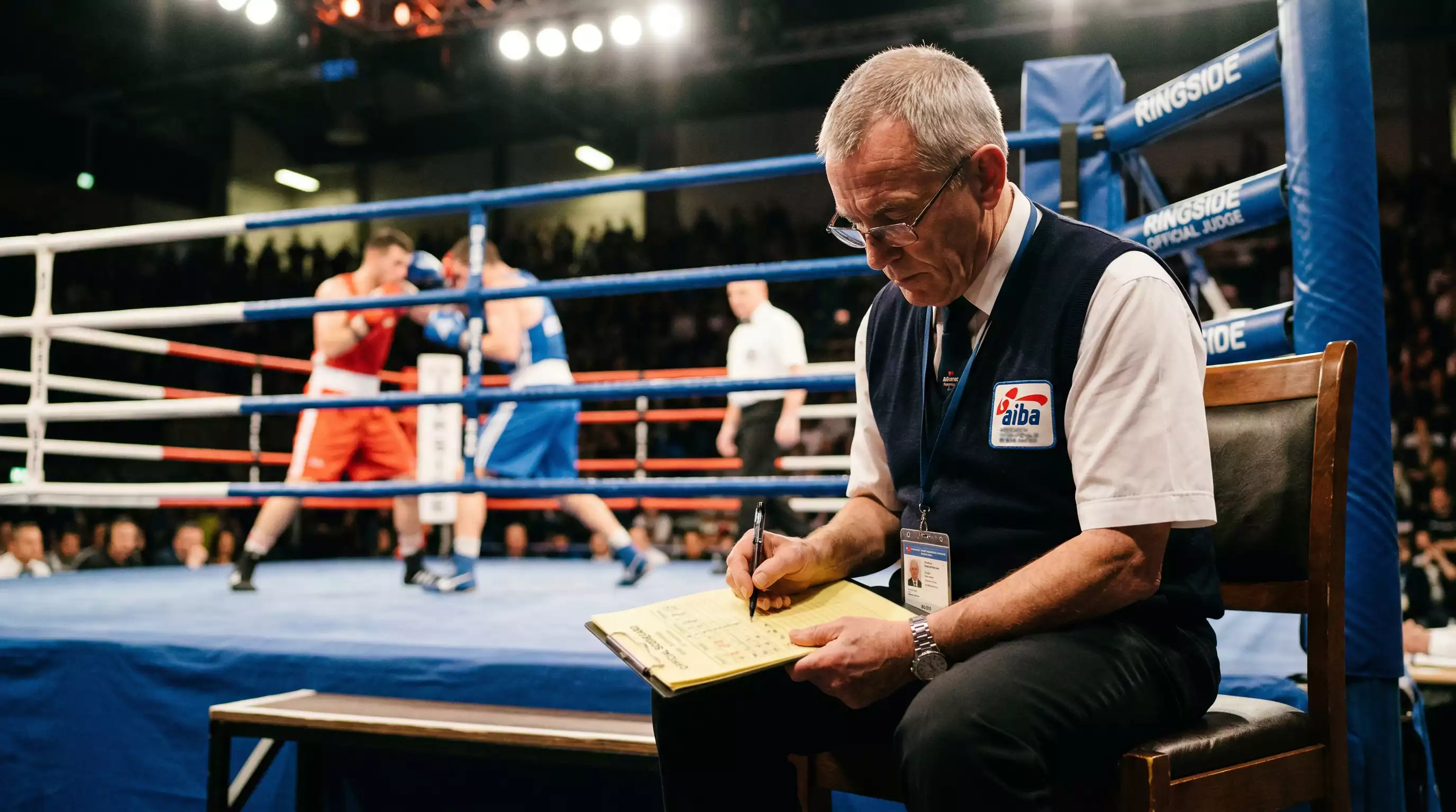 Ringrichter am Boxring bewertet einen Kampf mit Scorecard in der Hand