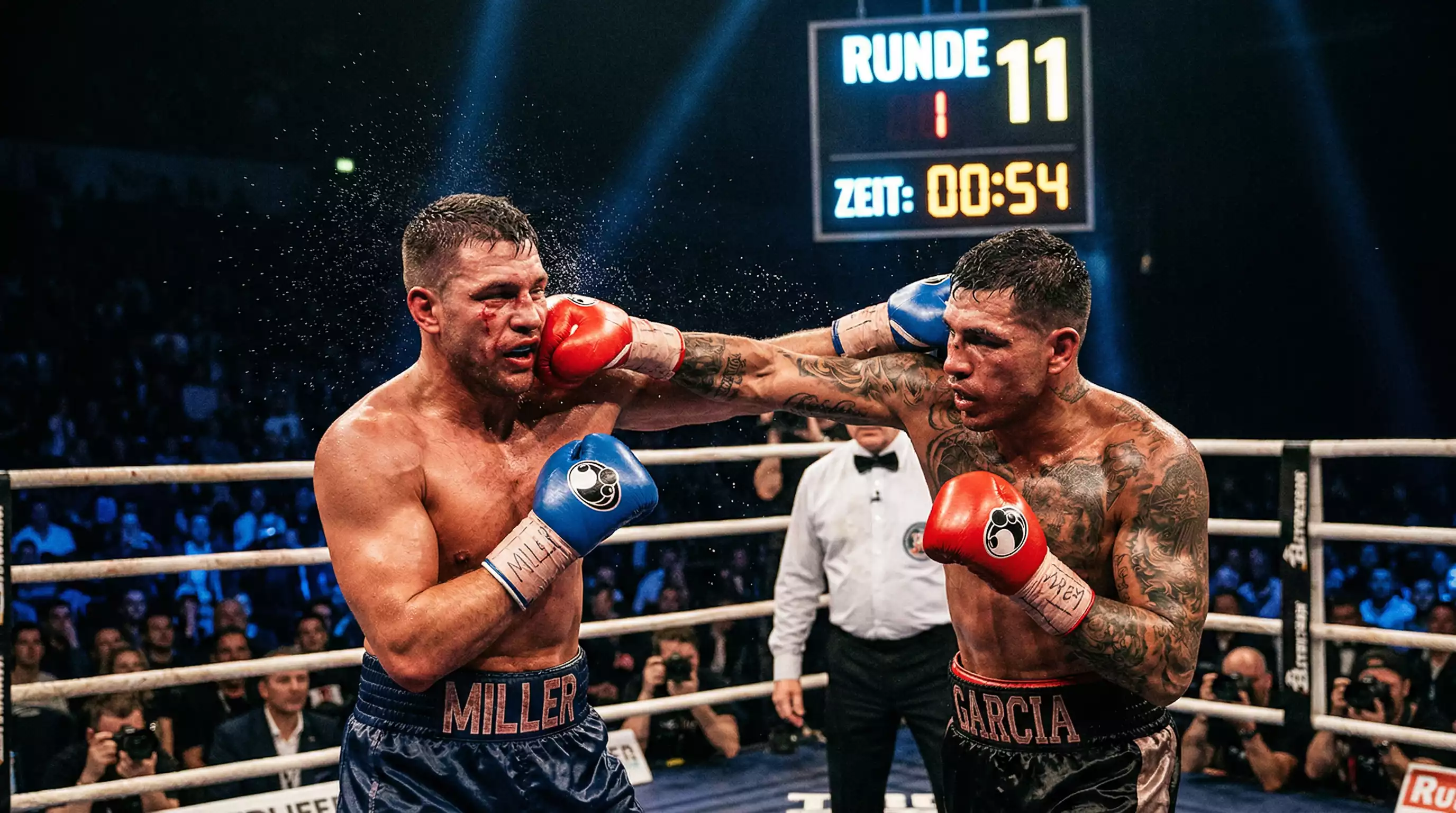 Nahaufnahme eines Boxkampfes in einer späten Runde mit Rundenanzeige