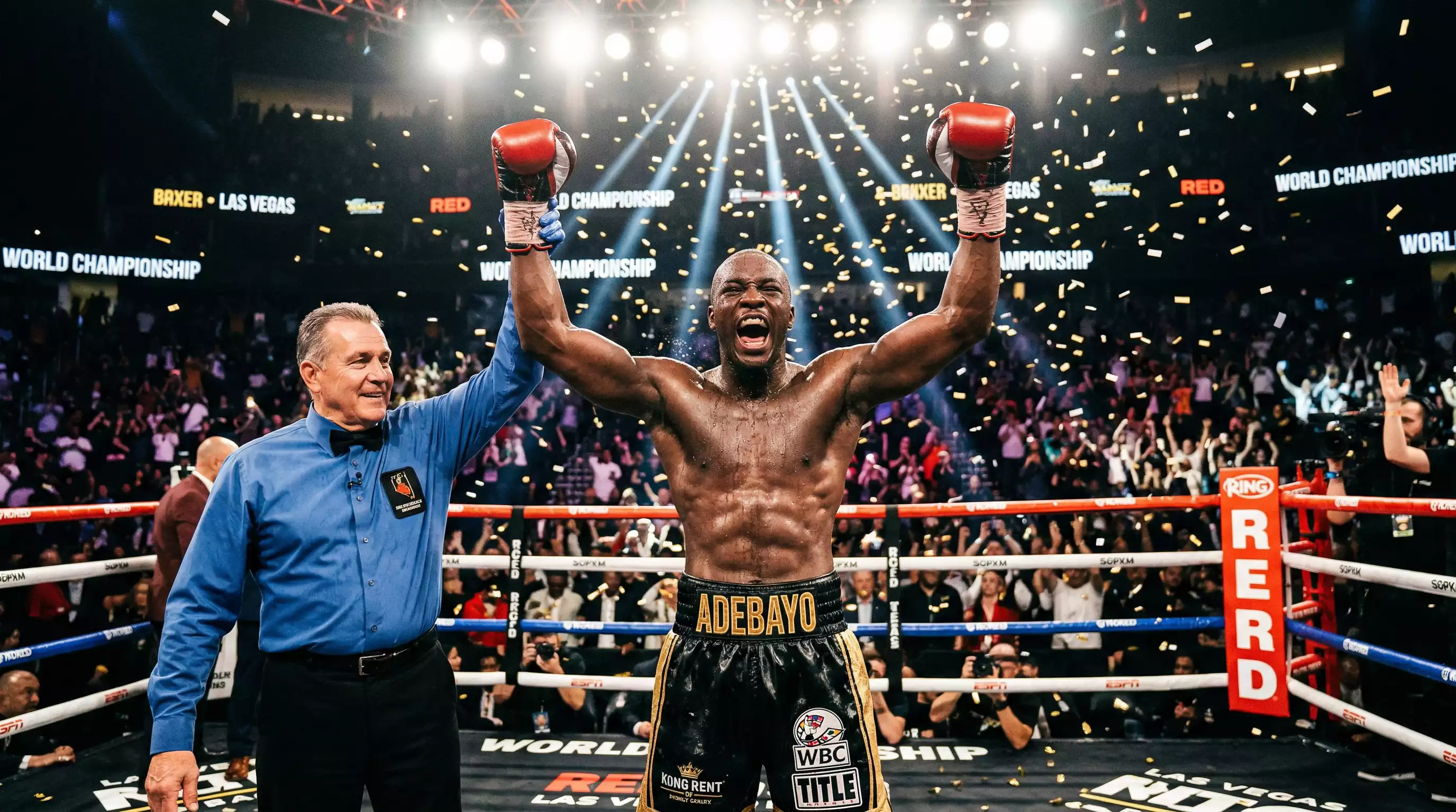 Boxer hebt triumphierend die Faust nach einem Sieg im Boxring