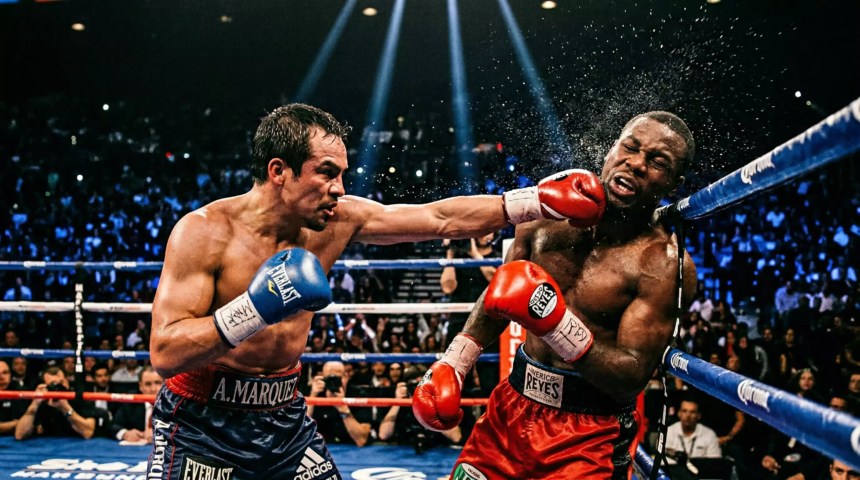 Boxer landet einen Niederschlag im Profiboxkampf unter Scheinwerferlicht