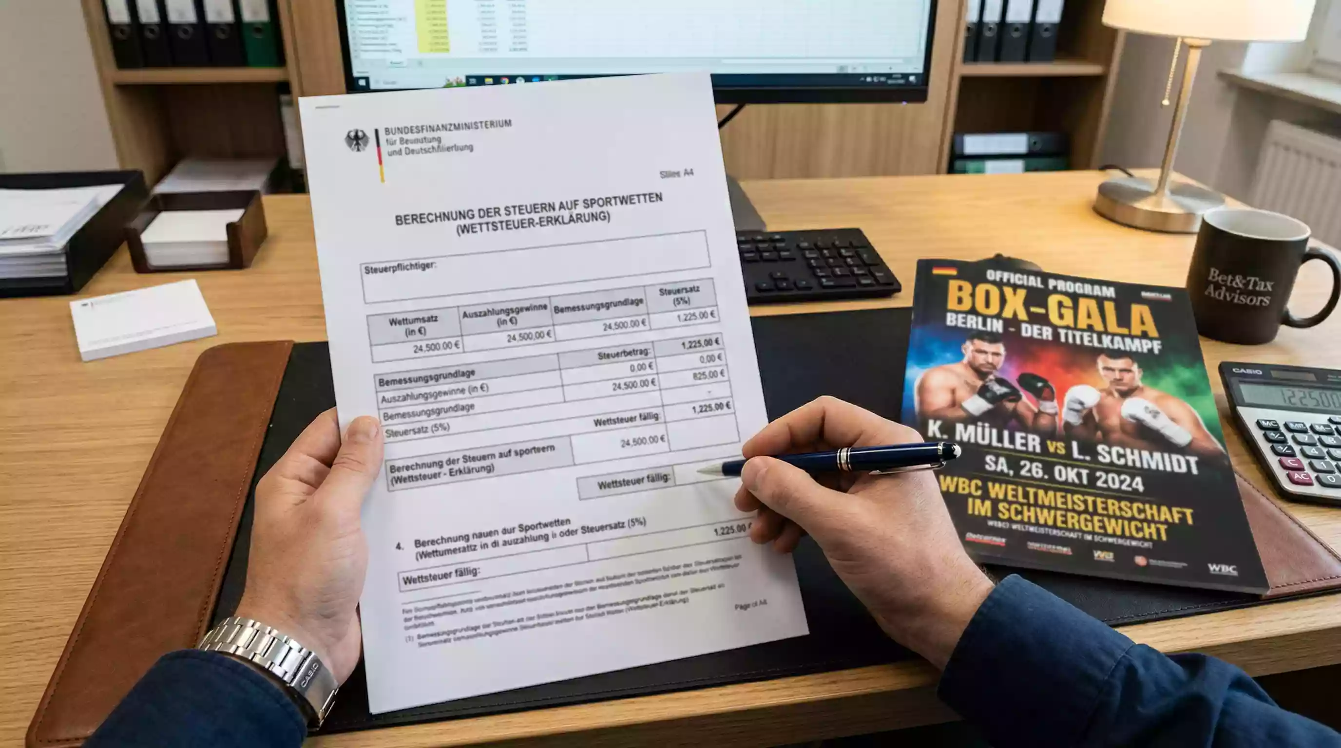 Dokument mit Steuerberechnung neben einem Boxprogrammheft auf einem Schreibtisch