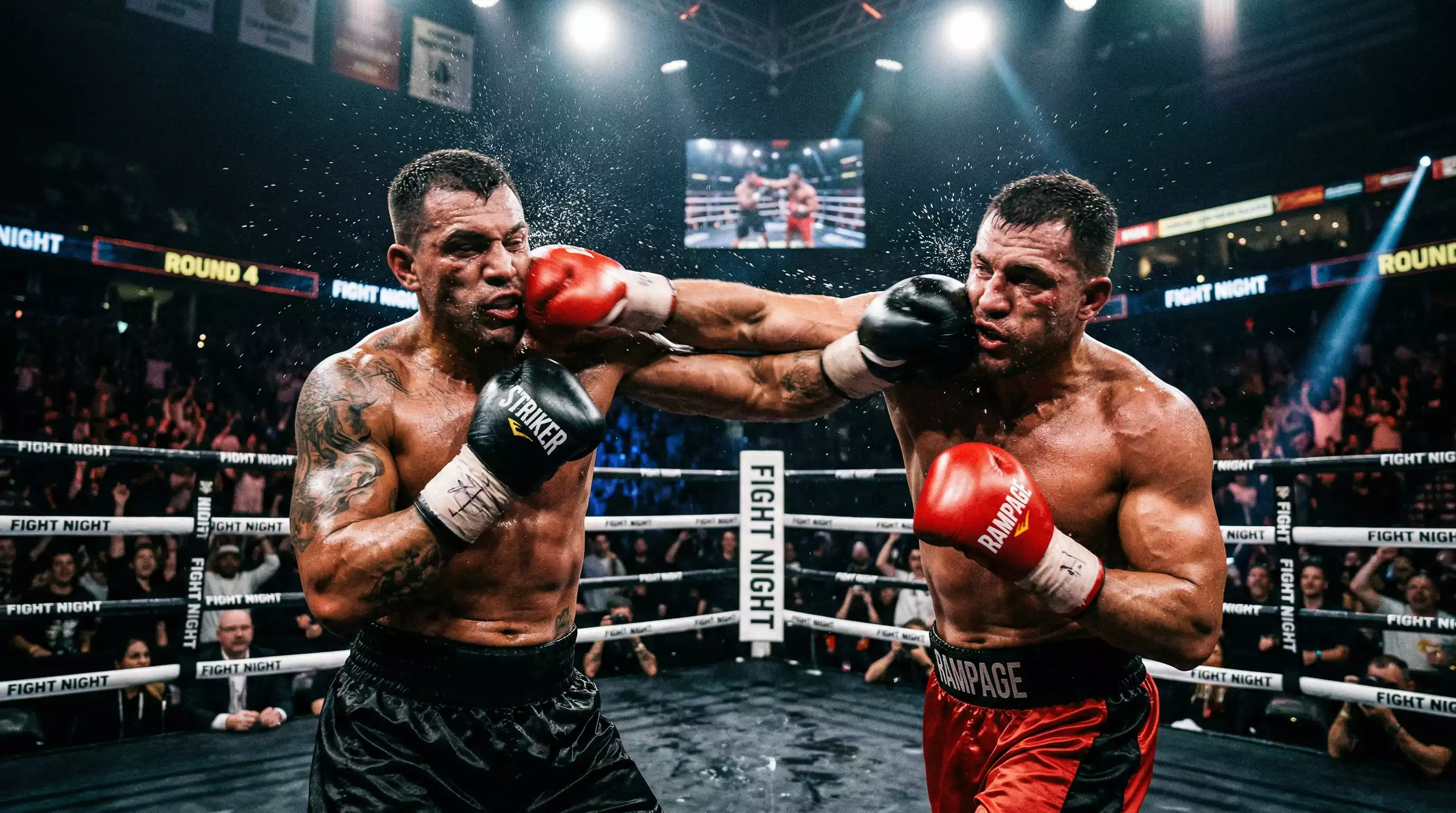 Zwei Boxer kämpfen in einem intensiven Schlagabtausch im Boxring