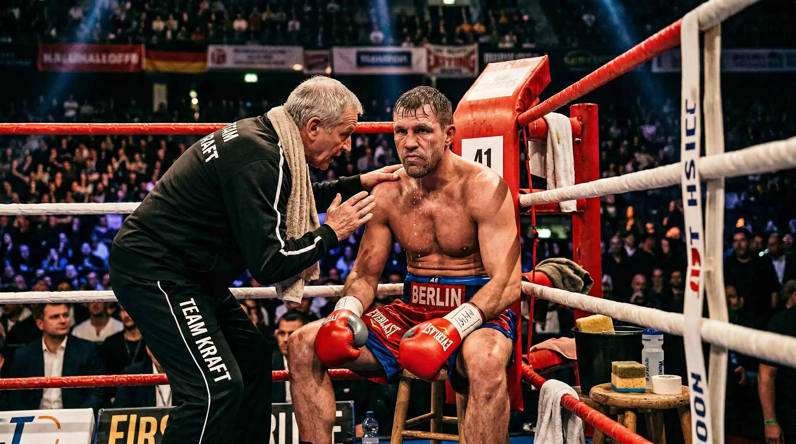 Boxer in der Ecke des Rings bereitet sich konzentriert auf die nächste Runde vor