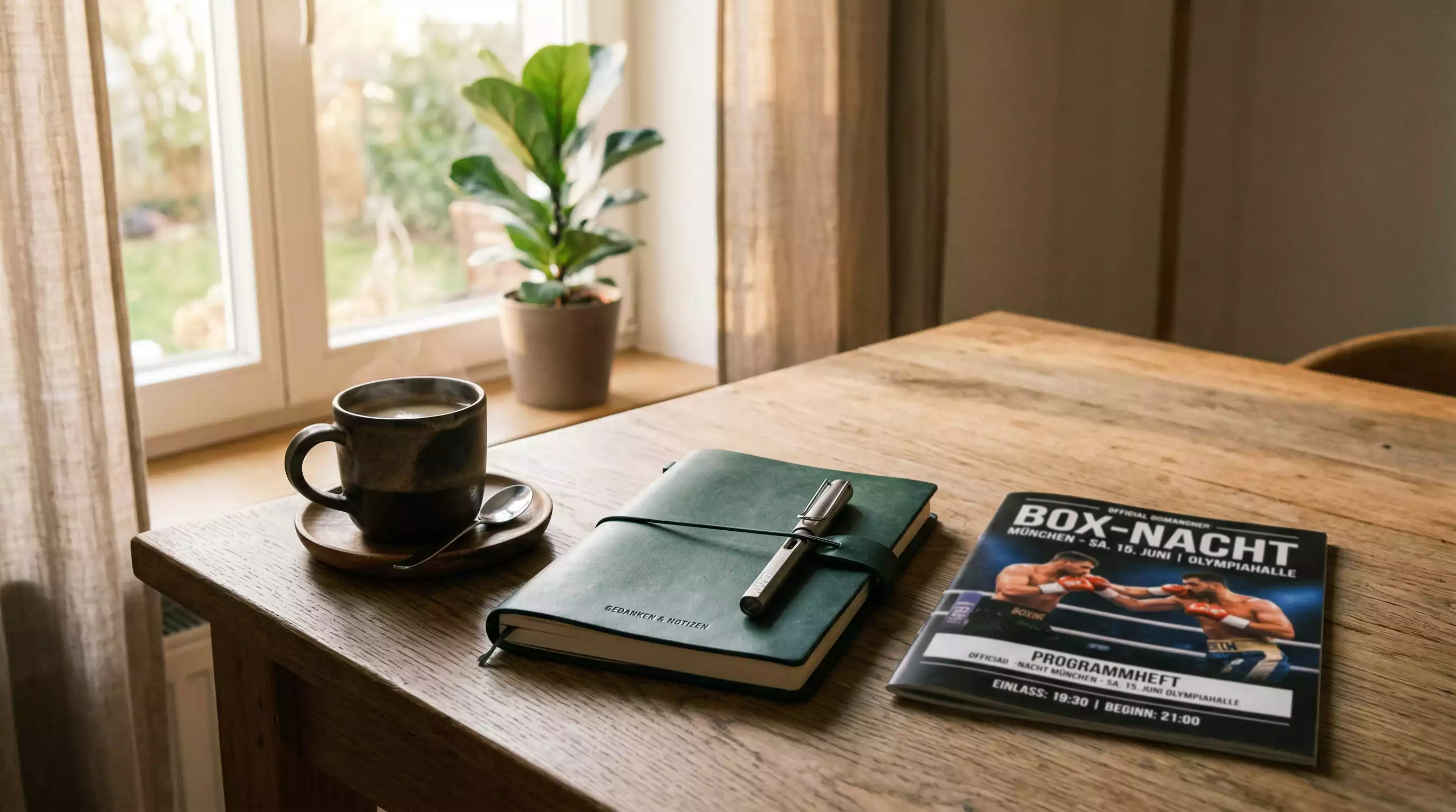 Ruhige Szene mit einem Notizbuch und einer Tasse Kaffee neben einem Boxprogramm