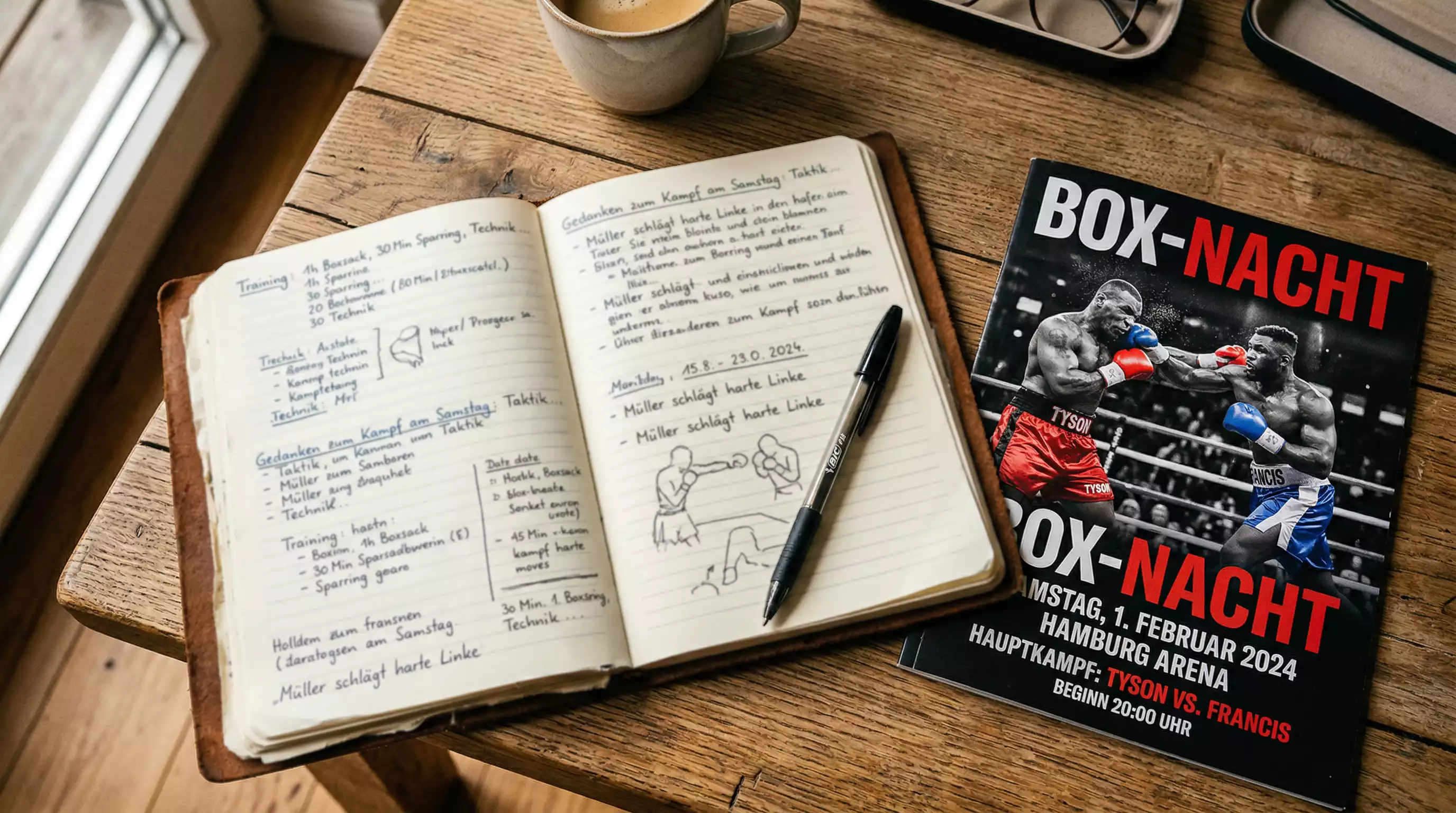 Offenes Notizbuch mit handschriftlichen Aufzeichnungen neben einem Boxprogrammheft